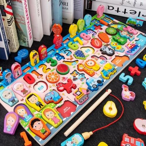 DIY Montessori Wooden Board Toys For Kids Math Fishing Count Numbers Games Digital Shape Match Early Education Toys For Kids