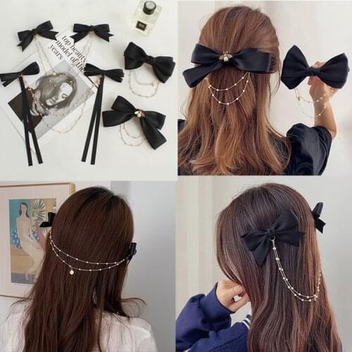 Elegant Pearl Chain Bowknot Hair Clips Bee Back Head Hair Bows Long Tassel Streamer Hairpin Barrettes Girls Hair Accessories