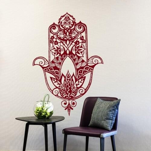 Hamsa Hand Vinyl Wall Decal Fish Eye Indian Buddha Wall Art Poster Yoga Studio Wall Sticker Hamsa Lotus Patterns Wallpaper AZ090