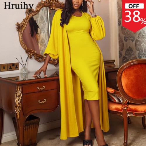 Two Peice Set for Women Fashion Solid Long Coat and Midi Dress 2 Piece Sets Womens Outfits Plus Size Autumn Conjuntos De Mujer