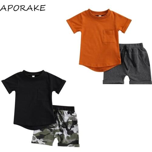 2021 0-4Y Creative Kids Boys Clothing Toddlers Round Collar Short Sleeve Pocket Top + Camouflage Printing/Solid Color Shorts Set