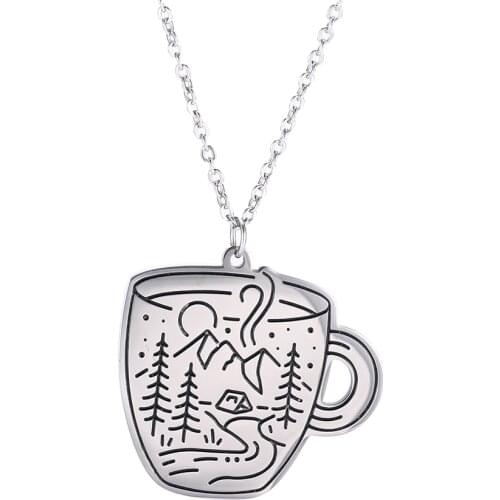 Skyrim Fashion Scenery Coffee Cup Pendant Necklace Stainless Steel Gold Color Choker Chain Necklaces Jewelry Gift for Women Girl