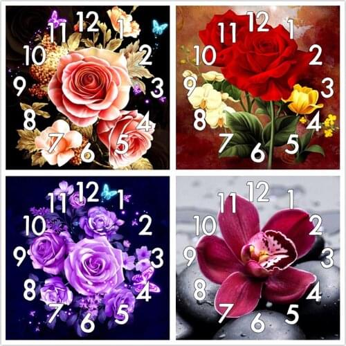 Dpsupr Full Square Round Diamond Painting Cross Stitch With Clock Mechanism Mosaic 5D Diy Flower 3d Embroidery Gift