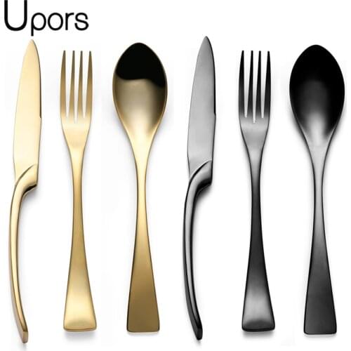 Upors Brand 4Pcs Golden Dinnerware Set Black Silverware 304 Stainless Steel Steak Knife Fork Tableware Dinner Cutlery Set