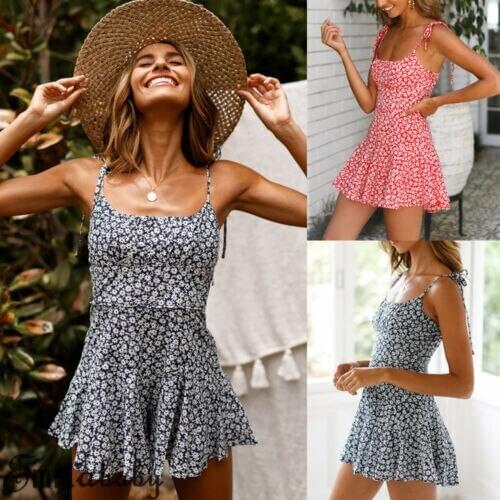 Womens Summer Flowers Print Mini Dress Vintage Boho Bohemian Dresses Beach Short Dress Ladies Summer Casual Sundress Holiday