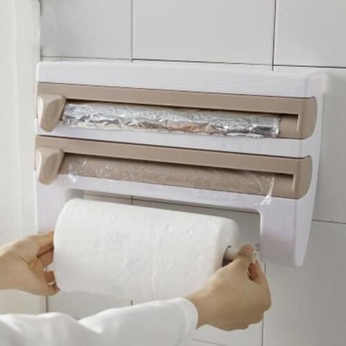 Film Storage Rack Roll Paper Towel Holder Shelf Wrap Cutter Kitchen Tool