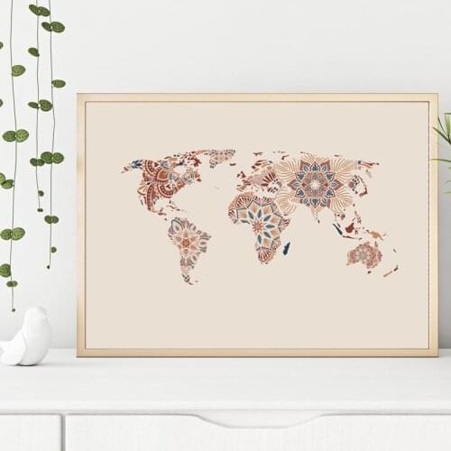 Mandala World Map Poster Boho Decor ,Terracotta Neutral Colors Travel Map Canvas Painting Wall Art Picture for Living Room Decor