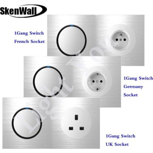 EU Standard Socket Double Panel 1Gang Switch+ EU Socket Household Silver Aluminum Alloy Panel Switch Socket 90V-250V