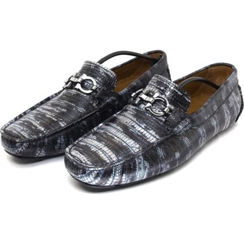 Handmade Loafers with Forest Snake Skin Pattern, Striped Embossed Light & Dark Blue Calf Leather, Mens Artistic Fashion Style