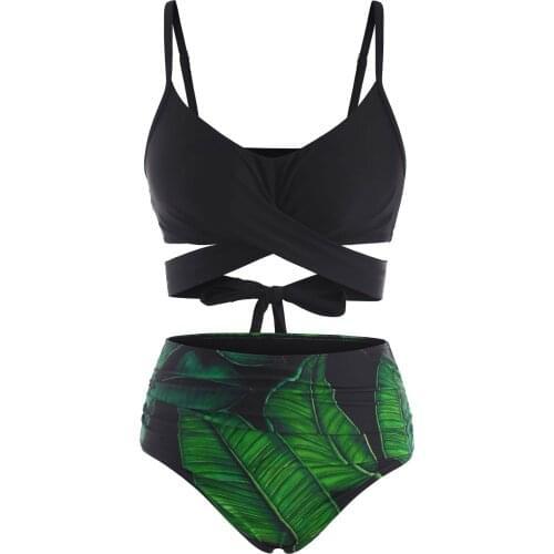 Wipalo Sexy Women High Waist Bikini Swimsuit Criss Cross Tropical Leaf Tummy Control Two Piece Swimwear Casual Beach Tankini Set