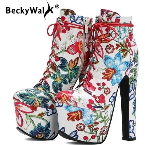 Women Boots Round Toe 17CM High Heel Platform Ankel Boots Fashion Print Lace Up Wedding Party Shoes Large Size 43 44 45 WSH3697