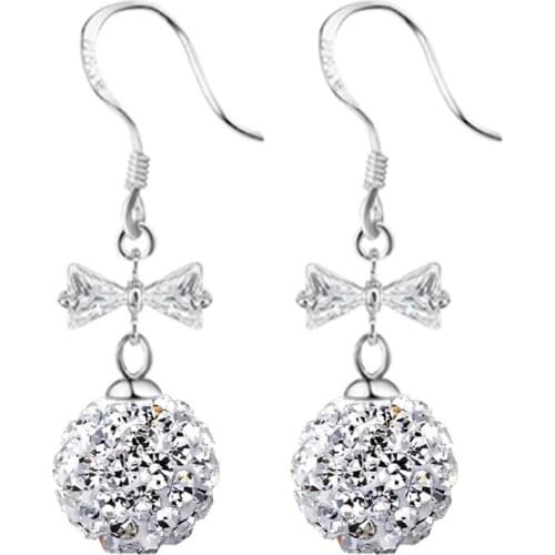 S925 Silver Earring Cute Pave Ball Bow Tassel Drop Earring For Women Wedding Gift Lady Girl Fashion Jewelry