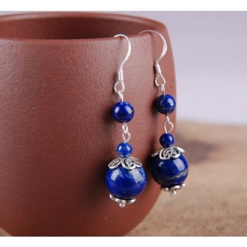 925 Silver Natural Lapis Lazuli 4-8mm Beads Earrings Original Simple Jade Pulp Bead Handmade Gift Women Fine Stone Jewelry