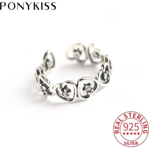 PONYKISS 100% 925 Sterling Silver Heart-shaped Resizable Opening Retro Ring Jewelry Women Birthday Party Fine Gift Accessories