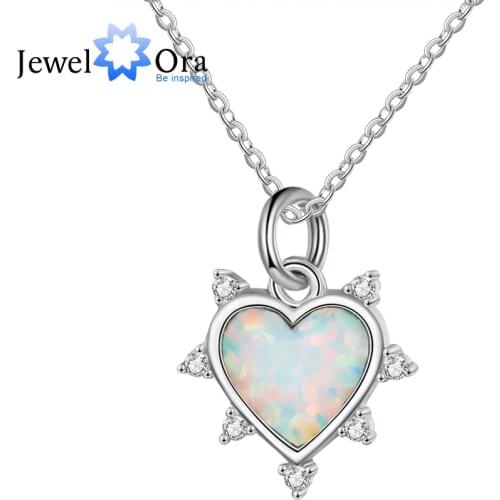 JewelOra Designer Romantic Created Heart White Fire Opal Necklaces for Women Silver Color Wedding Pendant Jewelry Accessories
