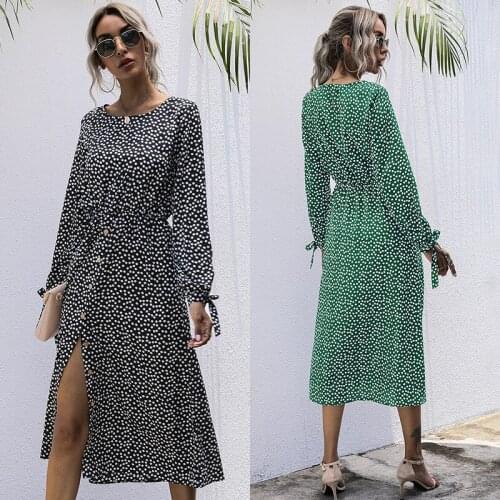 2021 Autumn Beach Maxi Y2KDress Women Split Print French Midi Cotton Round Neck Floral Dress Button Bowknot A-line Skirt Tunics