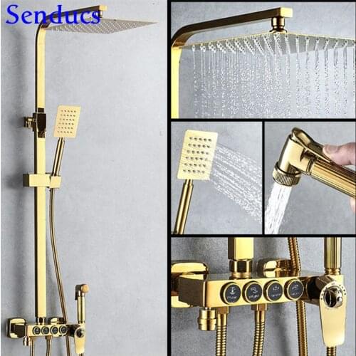 Gold Shower Set Square Brass Bathroom Shower System Copper Bathtub Mixer Faucets Rainfall Shower Head Gold Thermostatic Shower
