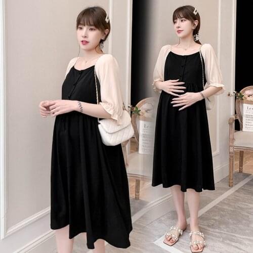 A092# Summer Korean Fashion Black Patchwork Maternity Dress Elegant A Line Slim Waist Loose Clothes for Pregnant Women Pregnancy