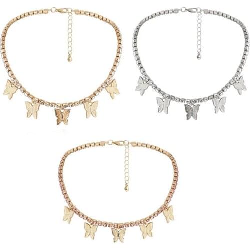 New Luxury Pink Pinky Clear Cz Tennis Chain Butterfly Drop Charm Choker Necklace Girl Women Ladies Fashion Rock Hip Hop Jewelry