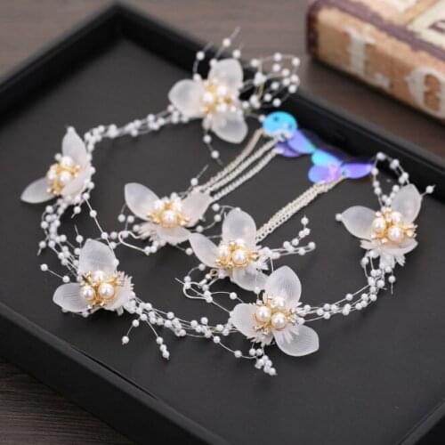 Flower Pearl Headbands Floral Yarn Tiara Women Hair Jewelry For Wedding Bride Hairband Earrings Sets Bridal Hair Accessories