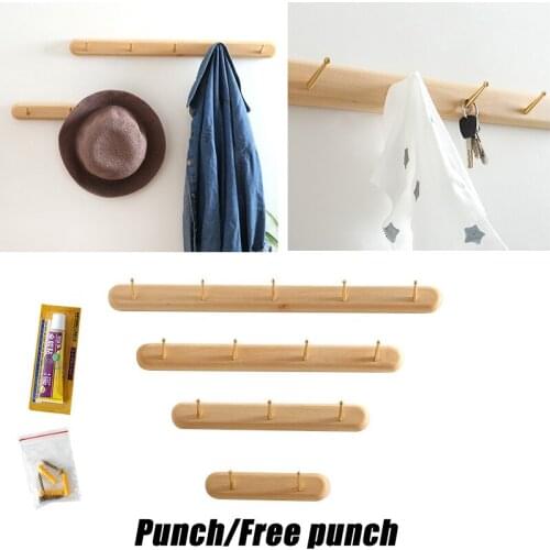 Wooden Wall Coat Hook Beech Wood Porch Door Free Punching Stick Row Hanger Hooks Multi-size