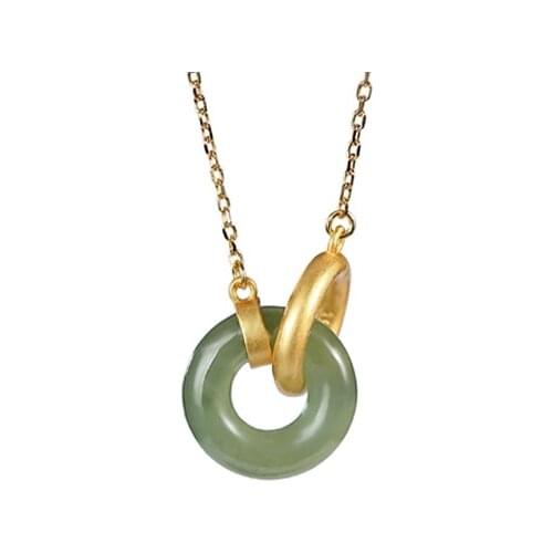 S925 sterling silver gold plated Hetian gray jade double ring peace buckle temperament ladies clavicle chain pendant