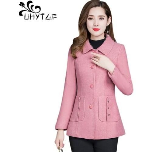 UHYTGF Quality Double-Sided Cashmere Spring Autumn Woolen Jackets Women Mid-Length Mother Warm Coat Loose Plus Size Outwear 1954