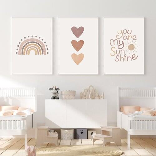 You Are My Sunshine Quotes Nursery Art Print Heart Rainbow Canvas Poster Painting Boho Wall Art Pictures Baby Kids Room Decor