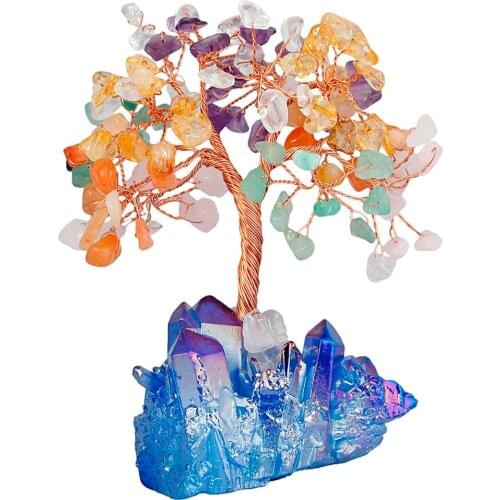 TUMBEELLUWA Colorful Crystal Money Tree, Blue Aura Titanium Coated Quartz Cluster Base Bonsai Decoration for Wealth and Luck