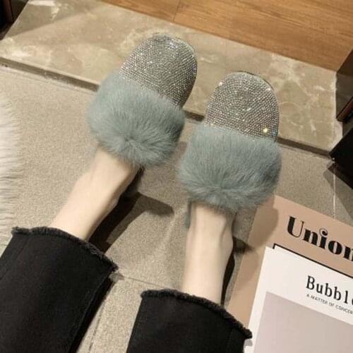 Hairy slippers women 2020 autumn and winter new Korean fashion outer wear rhinestones ins Baotou pedal lazy shoes