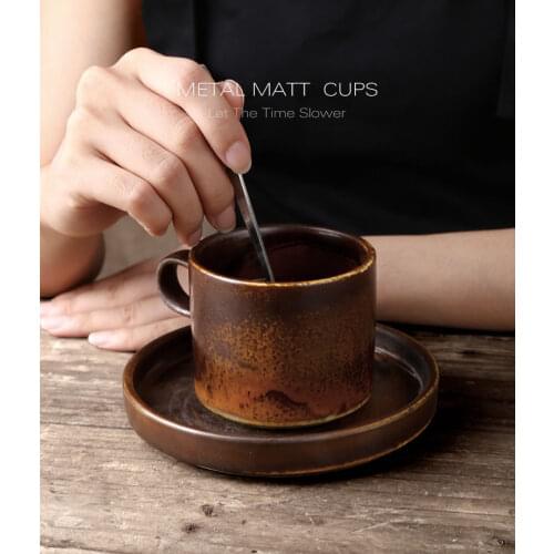 Retro American coffee mugs cups set creative ceramic latte home breakfast cup with saucer and wooden spoon cafe supplies