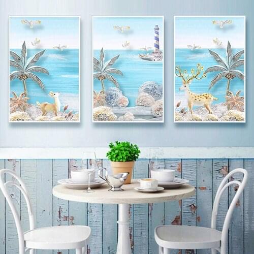 Mediterranean Coconut Tree Landscape Lighthouse Deer Oil Painting Wall Pictures Home Living Room Sofa Decoration Sea Poster