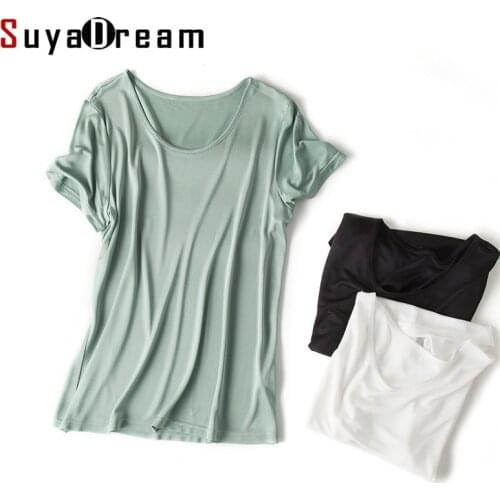 SuyaDream Women T shirt 30%Silk 70%Viscose O neck Short Sleeved Bottoming shirt 2020 Summer Shirt Basic Top White Black