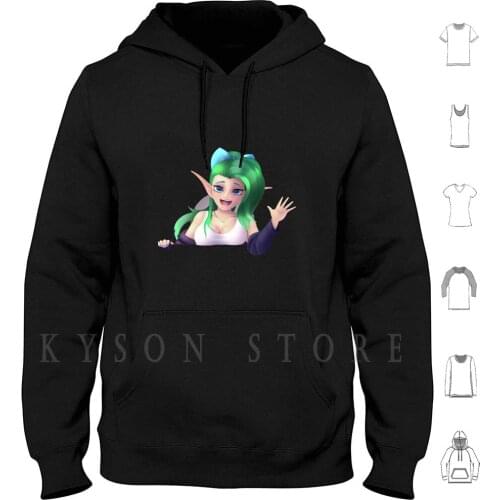 Terithes Hello Hoodie long sleeve Cotton Terithes Hello Anime Elf Cute Lewd Big Tits Boobs Green Long Hair