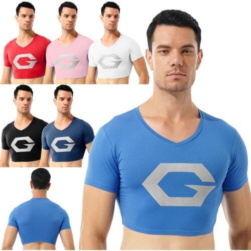 Plus Size T-Shirt Men Clothes Summer Stylish Print V Neck Cropped Short Sleeve Vest Crop Top for Sport Fitness Yoga Dance Casual