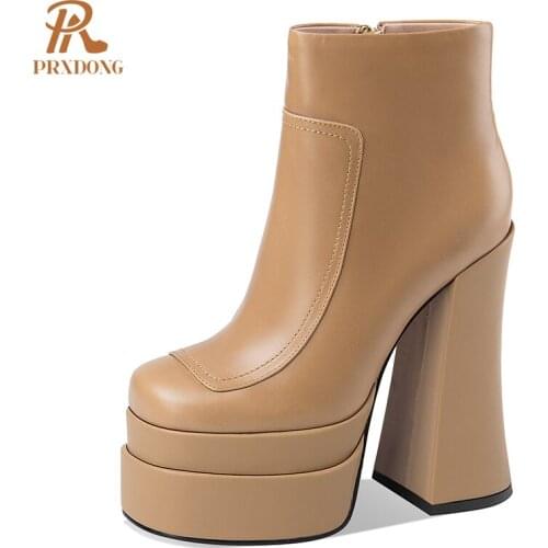 Women Sexy Ankle Boots Genuine Leather Super High Heeled Platform Square Toe Ladies Shoes with Side Zipper Dress Weddings Pary