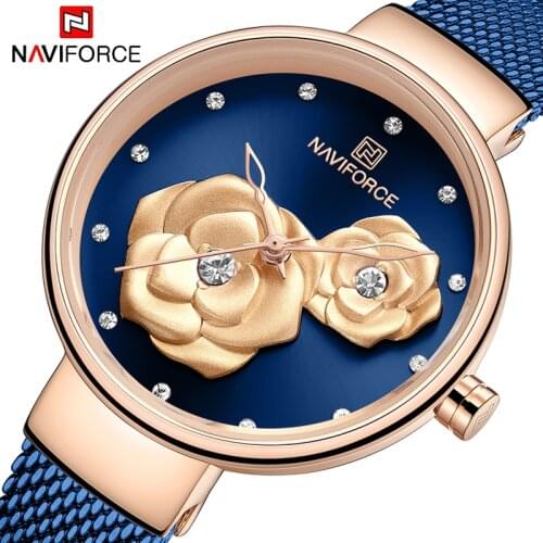 NAVIFORCE Womens Wristwatches Luxury Crystal Stylish Double Flower Dial Ladies Bracelet Quartz Clock Fashion Wrist Watch 2019
