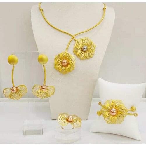 Woman Wedding African Beads Nigerian Wedding Bridal Big Flower Jewelry Sets Dubai Gold Color Beads Set Italian Gold