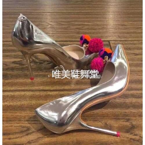 Newest Sweet Colored Plush Ball Silver Women Pumps Wedding shoes woman Large Size 11 Pointed Toe Stiletto Ladies High Heels
