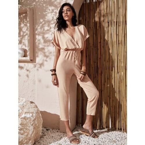 Spring/Summer jumpsuits fo women Casual Drawstring High WaistCasual Drawstring High Waist Deep V Neck Drawstring Waist Jumpsuit