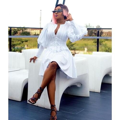 African Dresses For Women 2021 Summer White Cotton Puff Sleeve Beach Vacation A Line Dress Ladies Kaftan Casual Africa Clothing