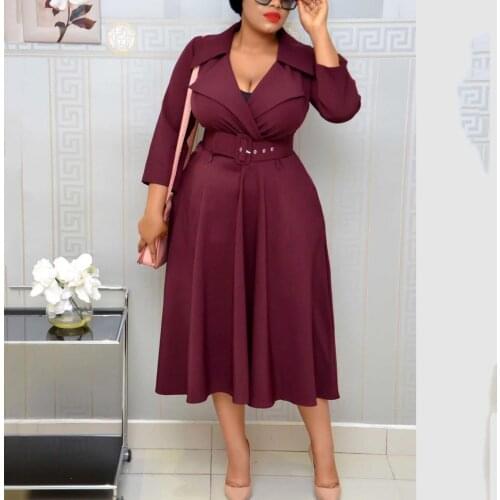 Office Ladies Work Wear Solid Fit and Flare Turn Down Collar High Waisted Mid Calf Pleated Dress Midi 2021 Autumn Women Fashion