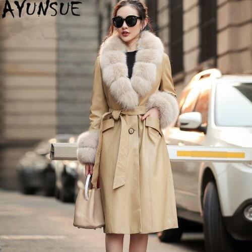 AYUNSUE Real Cow Leather Jacket Winter Coat Women Real Fox Fur Collar Down Jacket Women Long Trench Coat Chaqueta Mujer 19D08-21