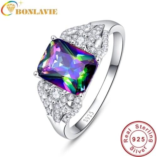 BONLAVIE 3ct Sparkling Rainbow Topaz Rings Genuine 925 Sterling Silver Jewelry For Wedding Party Micro Pave Finger Ring 6 7 8 9