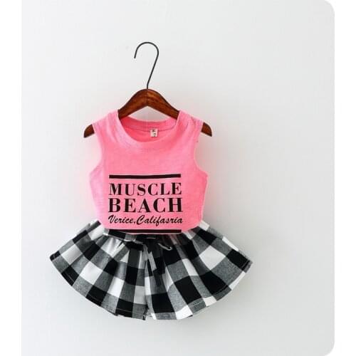 Children 2016 Summer Wear New Pattern Korean Girl Fashion Vest T-Shirt Bow Lattice Short Culotte 2 Pieces Suit