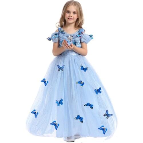 Girl Wedding/Party Long Dress Children Blue Cinderella Costumes Halloween/Christmas Outfits Kids Summer Short Sleeves Clothes