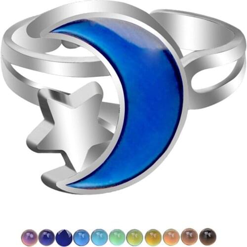Antique Hollow Opening Adjustable Ring Cute Star and Moon Stone Rings For Women Vintage Fashion Thermochromic Ring Wedding Gifts