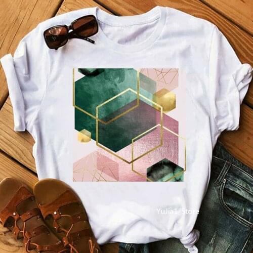 Summer Fashion WomenS Clothing Geometric Hexagons In Pink And Green Print Tshirt Femme Tumblr Clothes White T-Shirt Female