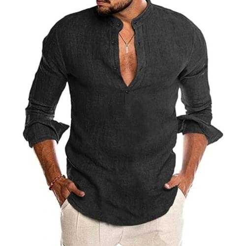 Fashion Long Sleeve Beach Shirt V Neck Men Solid Color Skin-friendly Breathable Casual Shirt Pullover Top for Daily Wear