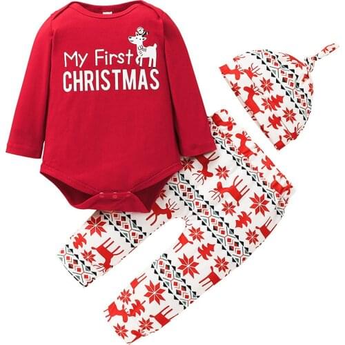 Fashion Newborn Infant Baby Boys Girls Long Sleeve Letter Printed Romper Pants + Hats 3 Peice Christmas Santa Outfits Set#p4
